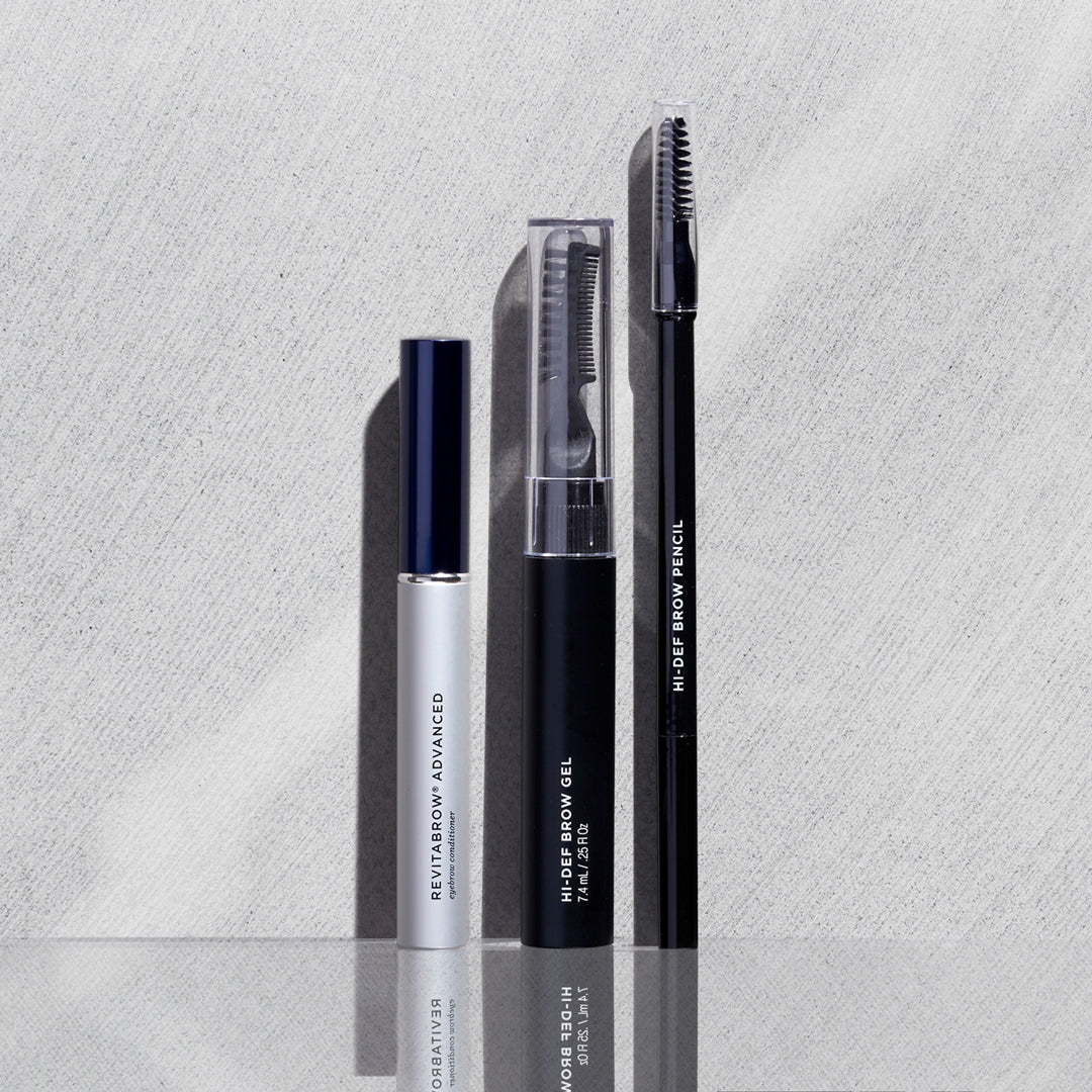 Image of RevitaBrow Advanced, Hi-Def Brow Gel, and Hi-Def Brow Pencil standing together